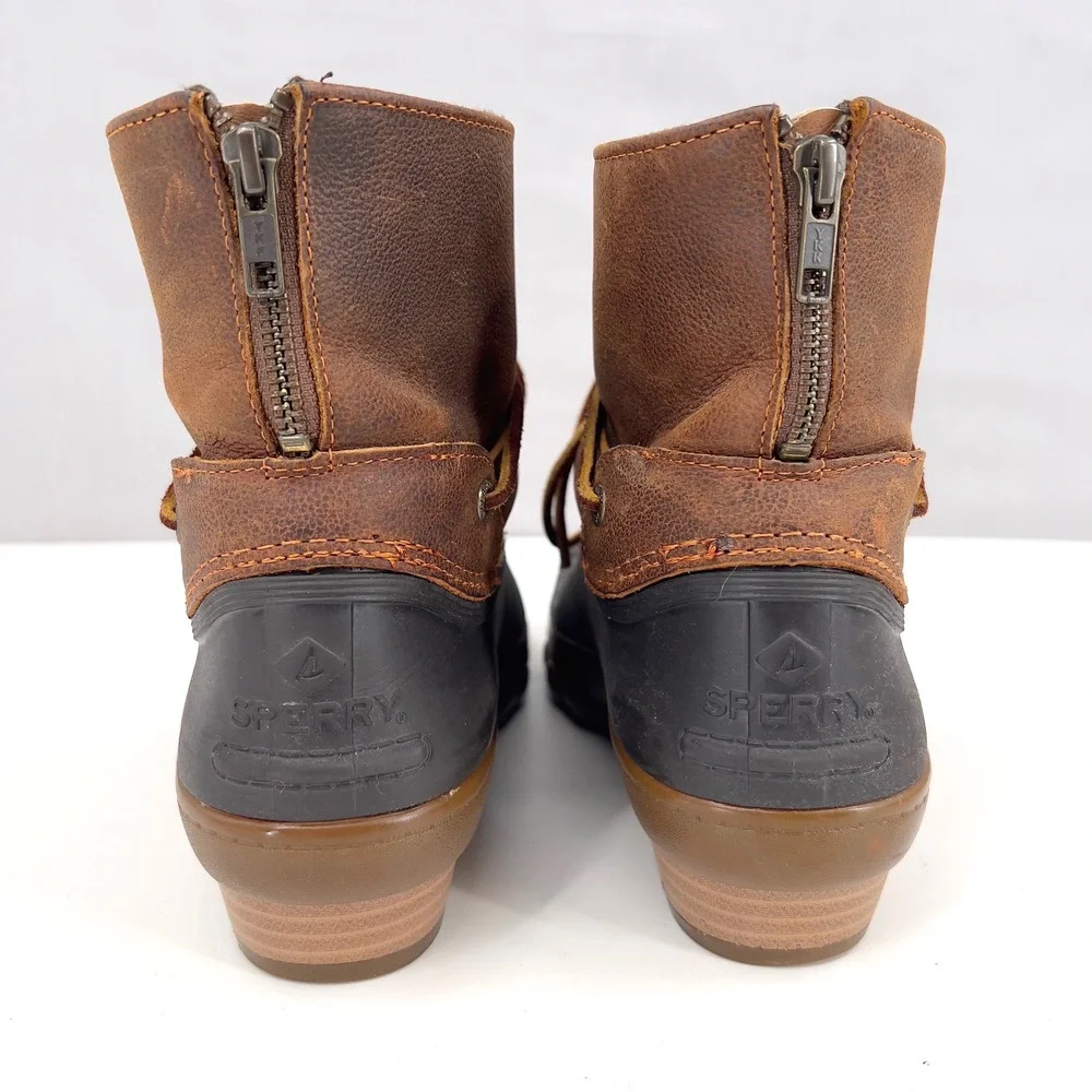 Sperry Saltwater Wedge Womens Duck Boot Tan Brown Leather Rubber Zip‎ 9.5